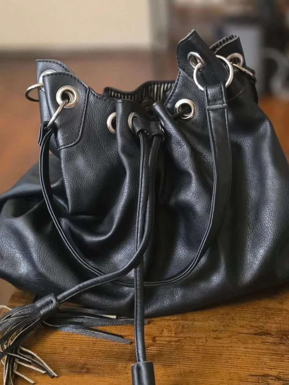 Steve Madden Black Drawstring Slouchy Hobo Bucket Bag